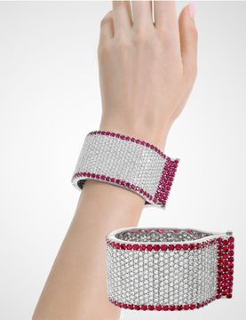 Oscar night spectacular diamonds & rubies cuff bangle bracelet. Over 59.00 carats Round brilliant cut diamonds & over 40.00 carat round brilliant cut rubies, 18K white gold