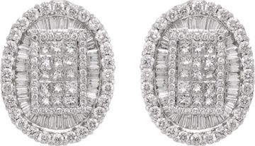 Oval cluster of diamonds earrings set in 18k white gold with princess cut, round, and baguette diamonds Earring Collection