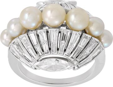 Oval diamond and pearl ring set in platinum Ring Collection