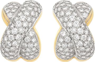 Pave Diamonds kiss "X" earrings set in 18K white & yellow gold. Round brilliant cut diamonds total approx. weight: 8.00 carats