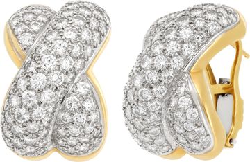 Pave Diamonds kiss "X" earrings set in 18K white & yellow gold. Round brilliant cut diamonds total approx. weight: 8.00 carats