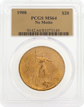PCGS graded and authenticated MS64 1908 U.S. $20 Saint-Gaudens Double Eagle gold coin Jewelry Collection