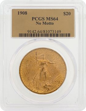 PCGS graded and authenticated MS64 1908 U.S. $20 Saint-Gaudens Double Eagle gold coin PCGS graded and authenticated MS64 1908 U.S. $20 Saint-Gaudens Double Eagle gold coin Jewelry Collection