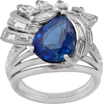 Pear Shape Sapphire and Diamond Ring in platinum with a geometric design