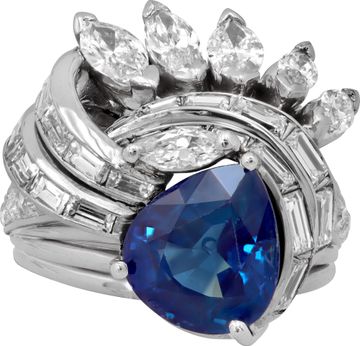 Pear Shape Sapphire and Diamond Ring in platinum with a geometric design