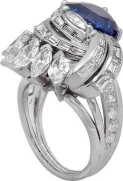 Pear Shape Sapphire and Diamond Ring in platinum with a geometric design