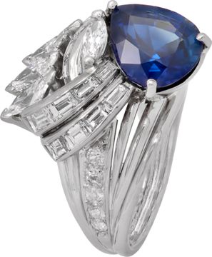 Pear Shape Sapphire and Diamond Ring in platinum with a geometric design