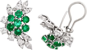Platinum diamond & emerald earrings with 14k omega backs