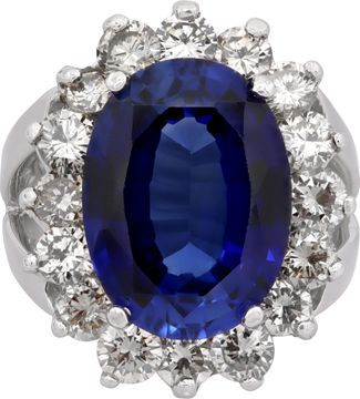 Platinum ring featuring a striking large oval-cut synthetic sapphire