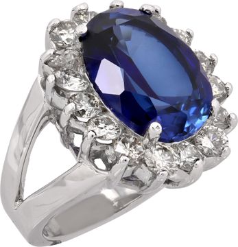 Platinum ring featuring a striking large oval-cut synthetic sapphire