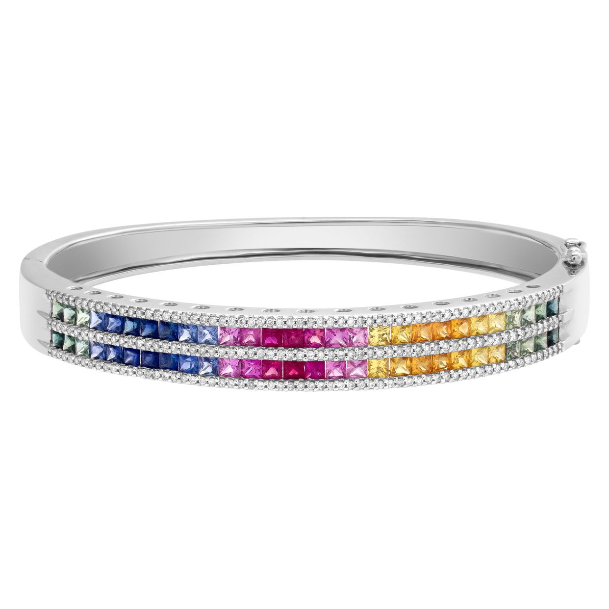 Rainbow green, yellow, pink, and blue sapphire diamond bangle