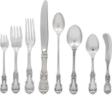 Reed & Barton Burgundy 8 piece place setting for 12 plus serving pieces (including a set of Towle Old Colonial serving pieces). 114 pieces total Sterling Silver Collection
