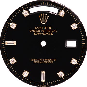 REFINISHED Rolex Day Date Black Dial with round diamond hour markers around the dial and two baguette diamonds at the 6 and 9 o'clock. This is an original Rolex diamond dial that has been refinished. Dial Collection