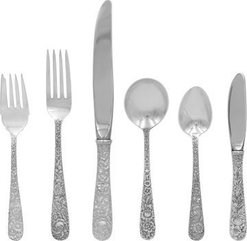 "Repousse" patented by S.Kirk & Son in 1828. TOTAL: 81 pieces. 6 piece place settings for 8 people (double tea spoons and salad forks) plus 17 serving pieces. Sterling Silver Collection