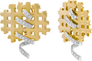 Ribbon and lattice style earrings in 18k yellow gold with 18k white gold ribbon accent diamonds