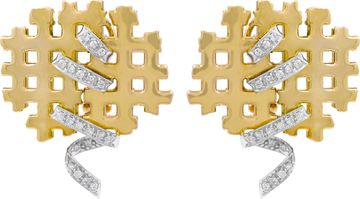 Ribbon and lattice style earrings in 18k yellow gold with 18k white gold ribbon accent diamonds