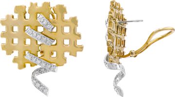 Ribbon and lattice style earrings in 18k yellow gold with 18k white gold ribbon accent diamonds