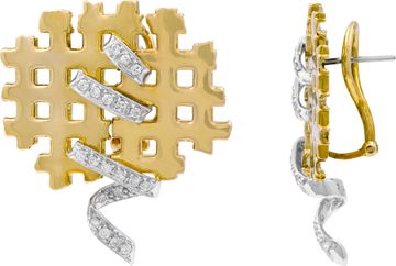 Ribbon and lattice style earrings in 18k yellow gold with 18k white gold ribbon accent diamonds
