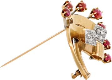 Ribbon motif diamond and cabochon ruby pin/brooch in 14k yellow and white gold