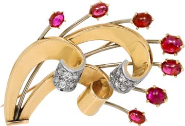 Ribbon motif diamond and cabochon ruby pin/brooch in 14k yellow and white gold