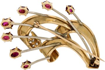Ribbon motif diamond and cabochon ruby pin/brooch in 14k yellow and white gold