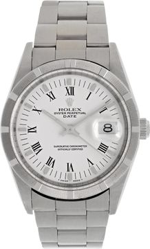 Rolex Date in stainless steel with a white roman numeral dial