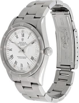 Rolex Date in stainless steel with a white roman numeral dial