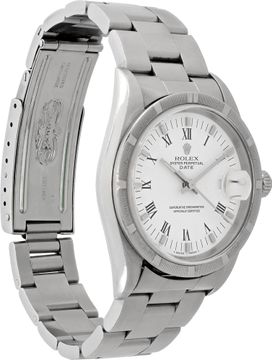 Rolex Date in stainless steel with a white roman numeral dial