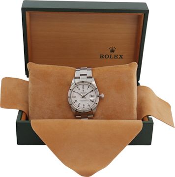 Rolex Date in stainless steel with a white roman numeral dial