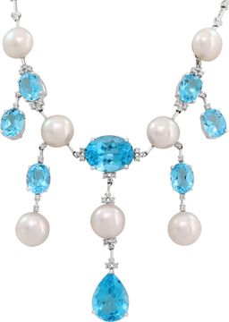 Royal Blue Topaz and Pearl Necklace in 14k white gold