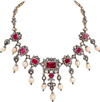 Rubellite, Pearl and Diamond necklace in 14k yellow gold and silver Necklace Collection