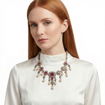 Rubellite, Pearl and Diamond necklace in 14k yellow gold and silver Necklace Collection