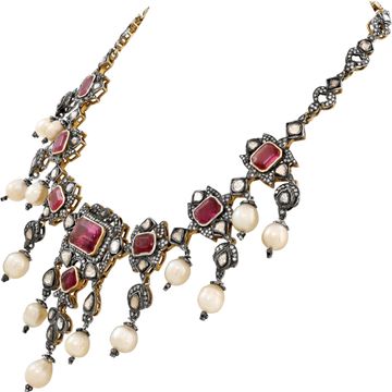Rubellite, Pearl and Diamond necklace in 14k yellow gold and silver