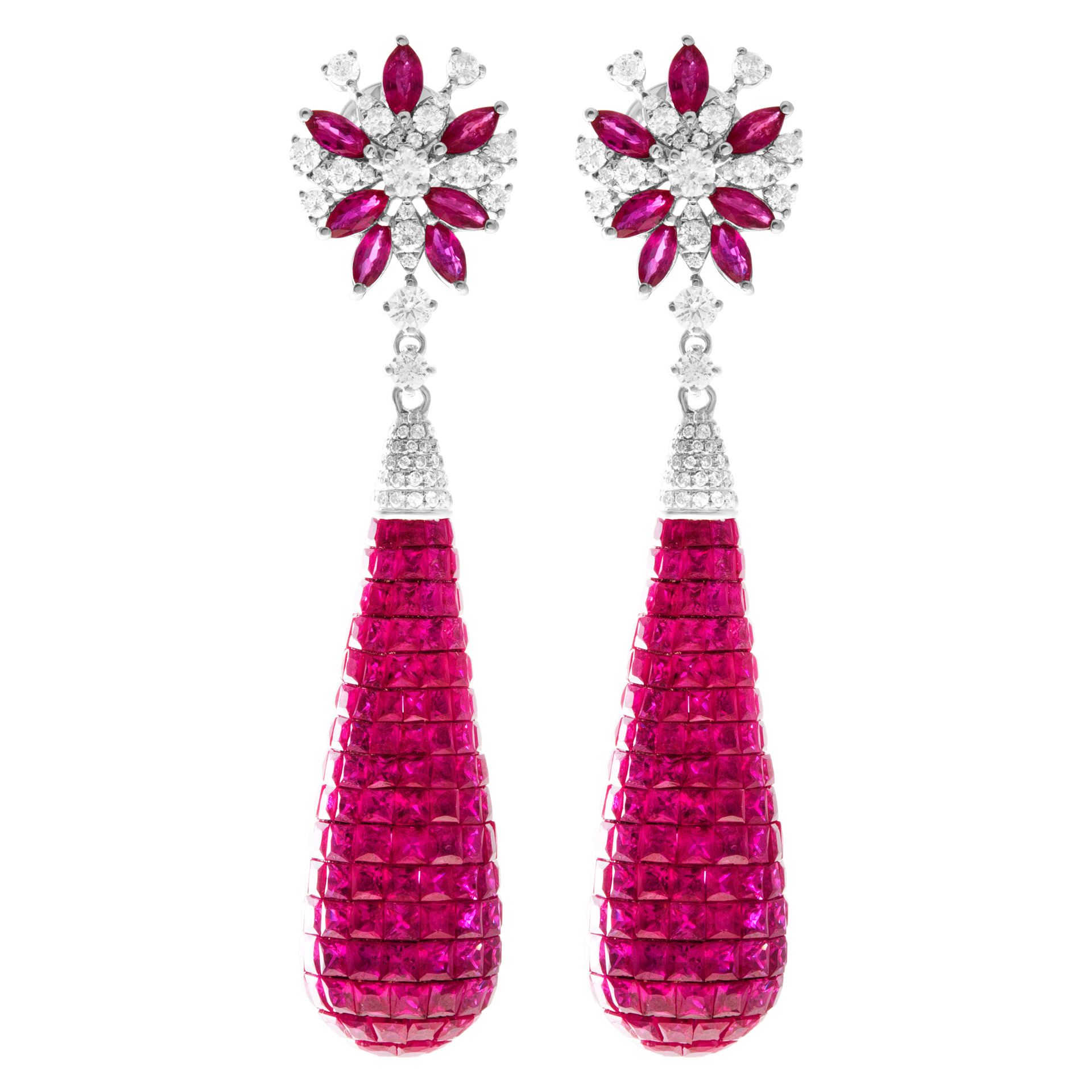 Ruby♥୨୧˙˳⋆﻿　　0118 Ruby drop earrings in 18k white gold, 31.10 cts in rubies (437)