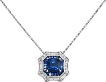 Sapphire and diamond pendant on a 14k white gold chain