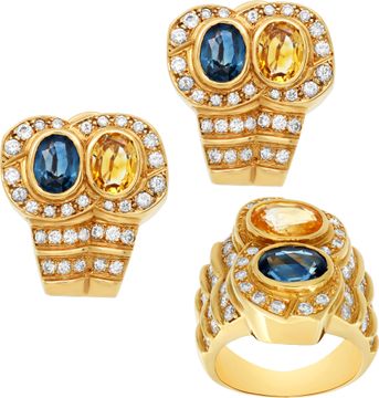 Sapphire and Diamond set of earrings and matching ring in 18k yellow gold Sapphire and Diamond set of earrings and matching ring in 18k yellow gold