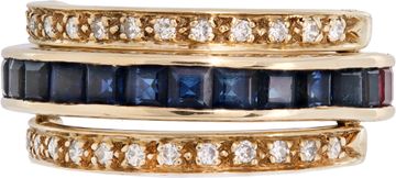 Sapphire and ruby ring with diamond accents in 14k