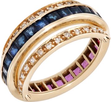 Sapphire and ruby ring with diamond accents in 14k