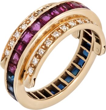 Sapphire and ruby ring with diamond accents in 14k