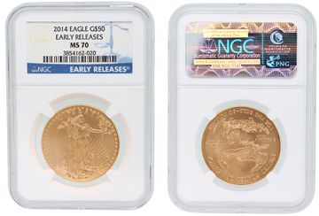 Set Of 4 2014 Gold St. Gaudens Double Eagle Coins Including A $50, $25, $10 And $5 Gold Coin. All Coins Have Been Graded Ms70 By Ngc (Early Realeases)