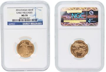 Set Of 4 2014 Gold St. Gaudens Double Eagle Coins Including A $50, $25, $10 And $5 Gold Coin. All Coins Have Been Graded Ms70 By Ngc (Early Realeases)
