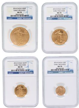 Set Of 4 2014 Gold St. Gaudens Double Eagle Coins Including A $50, $25, $10 And $5 Gold Coin. All Coins Have Been Graded Ms70 By Ngc (Early Realeases)