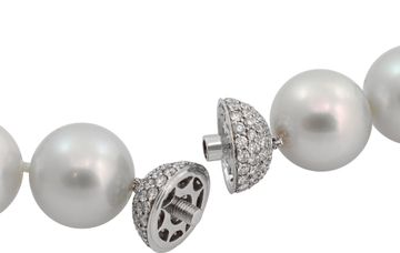 South Sea Pearl necklace with 18k white gold pave diamond clasp. Pearls range from 16mm to 20mm.