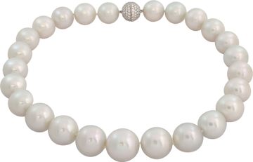South Sea Pearl necklace with 18k white gold pave diamond clasp. Pearls range from 16mm to 20mm.