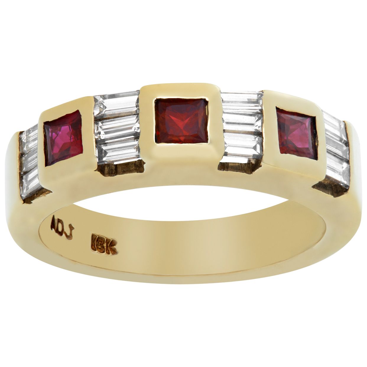 Square beveled ruby and tapered baguette diamonds, semi