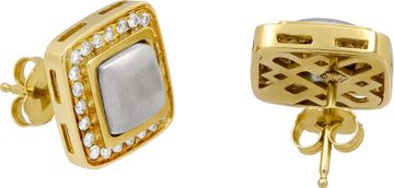 Square earings in 18k yellow gold with diamond pave on cold silver square