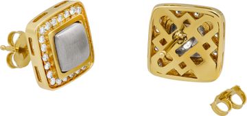 Square earings in 18k yellow gold with diamond pave on cold silver square