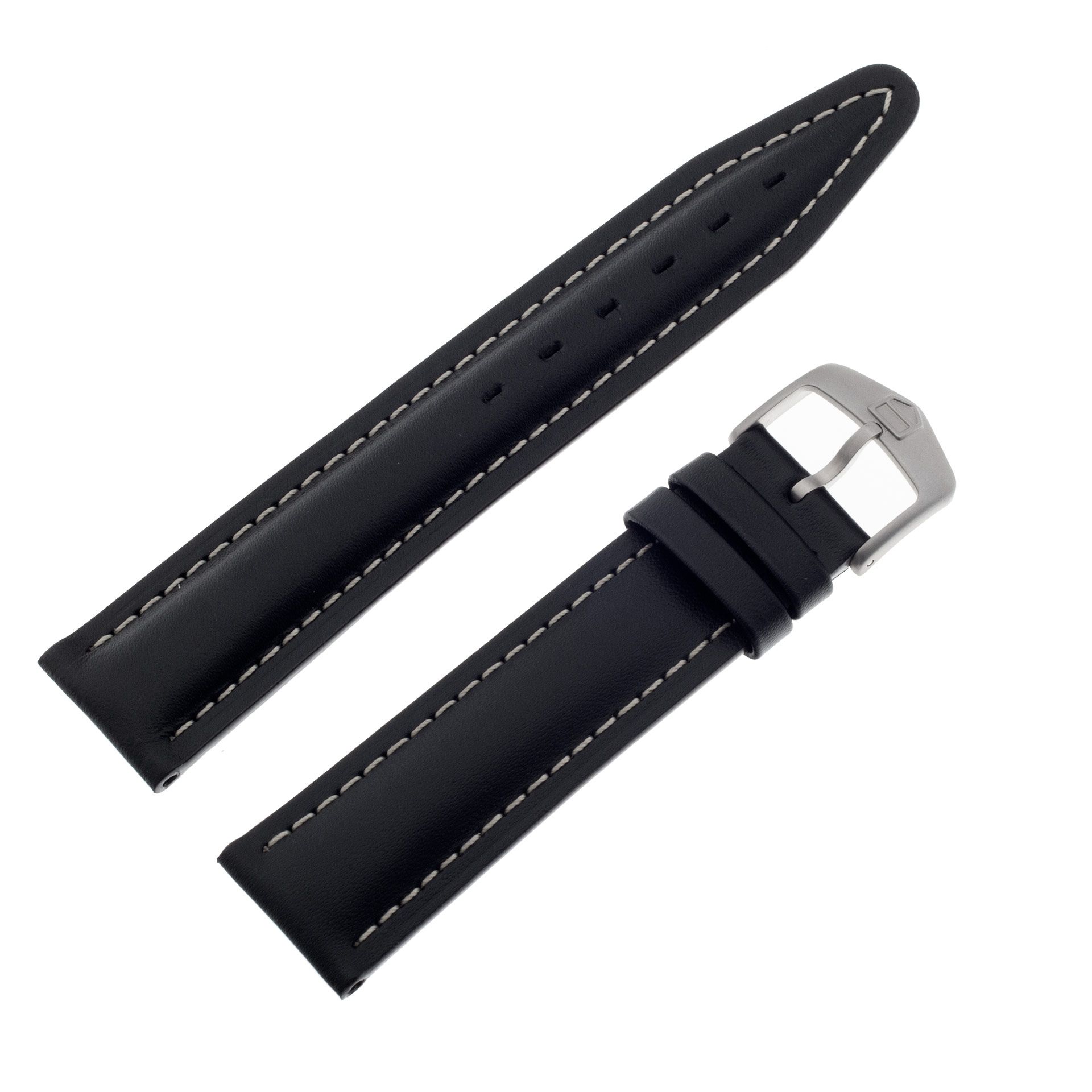 TAG Heuer black calfskin strap w/white stitching and tang buckle
