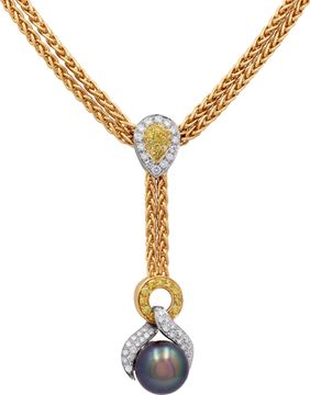 Tahitian Pearl necklace in 18k with white and fancy yellow diamonds