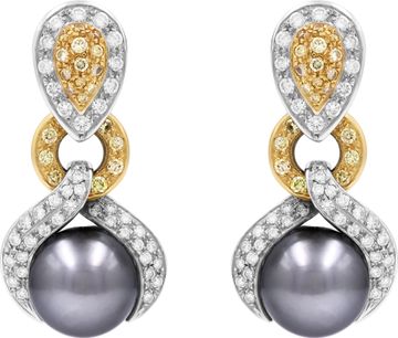 Tahitian Pearl, white and yellow diamond earrings in 18k white and yellow gold